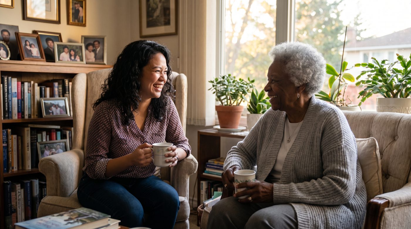 A KapwaCare caregiver chatting warmly with an elderly client in a cozy living room