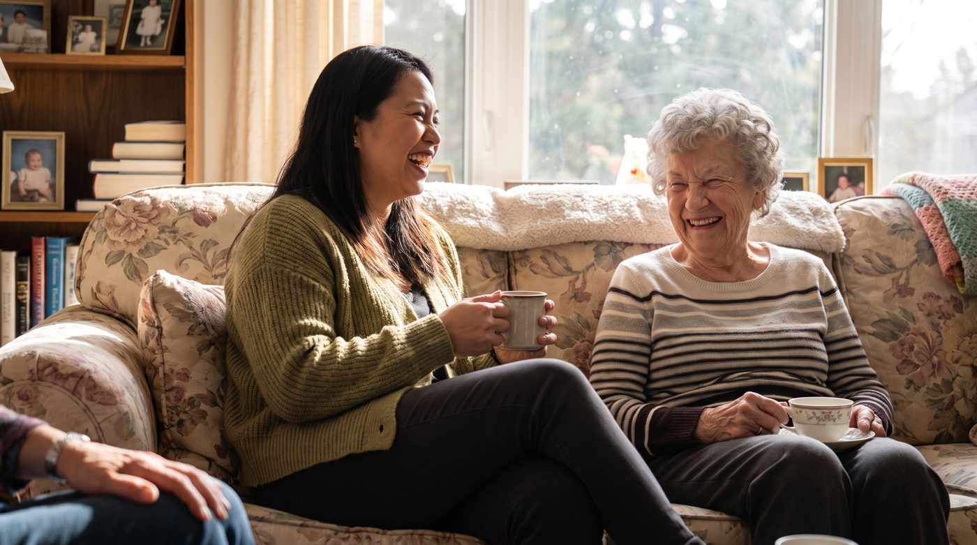 A KapwaCare caregiver sharing tea and a laugh with an elderly client on the sofa