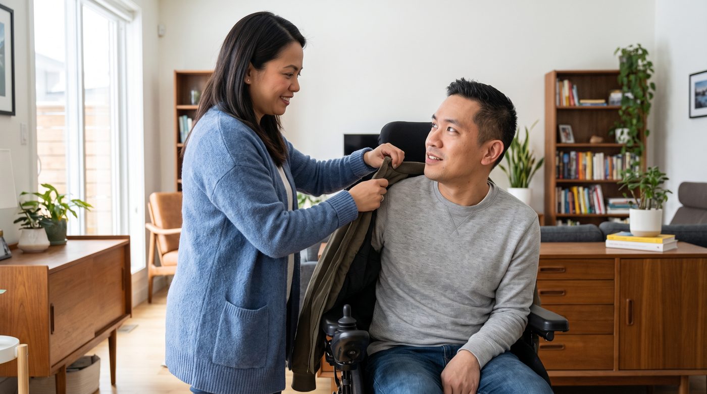A KapwaCare caregiver supporting a younger adult client who uses a wheelchair, at home
