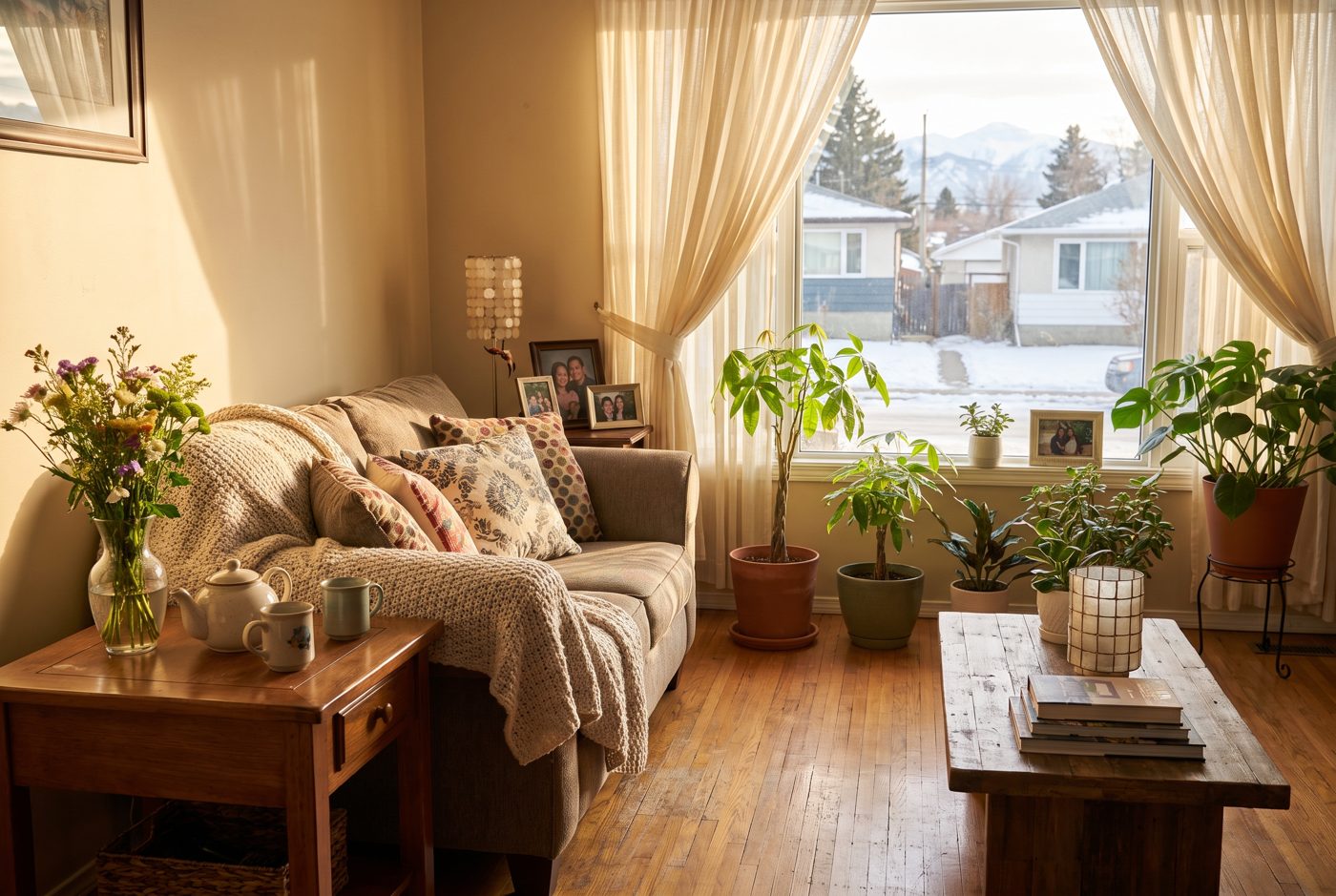 A warm, lived-in Calgary living room with soft afternoon light and a view of the neighbourhood