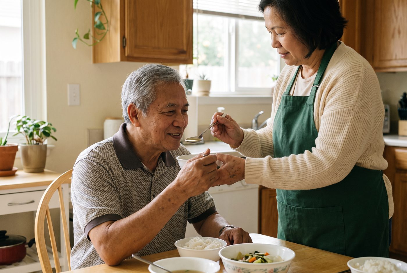 A KapwaCare caregiver helping an elderly client enjoy a warm meal at home